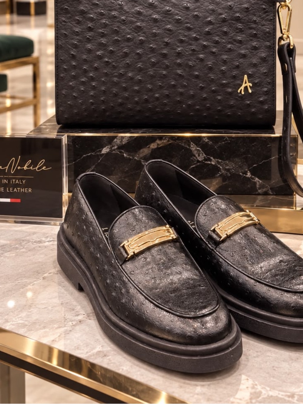 Black Men's purse with Embossed Leather Loafers with Gold Accent
